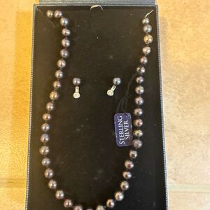 Vintage Orfevrerie Wiskemann Black Pearl Necklace and Earring Set   *New In Box*
